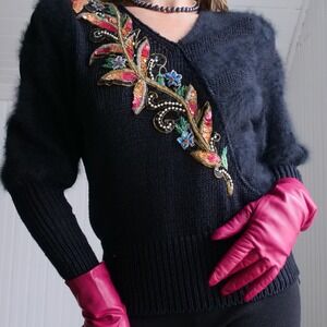 Amazing 80s Side Effects high drama beaded black angora‎ blend sweater